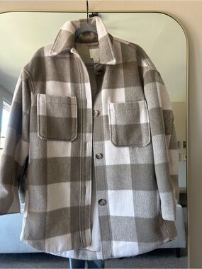 Oversized Plaid Shacket Jacket in Taupe and White